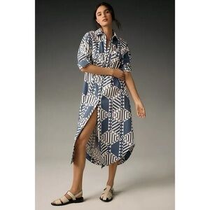 Maeve Anthropologie Shirt Dress Geometric Print Button Down Blue Medium